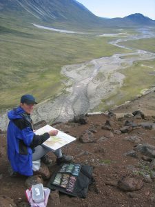 Pastell-Zeichnen mit Rucksack und Wanderschuhen/Kerstin Heymach